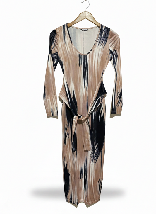 ABSTRACT STROKE PRINT MOCK-WRAP MIDI DRESS |XS| BUST 14|