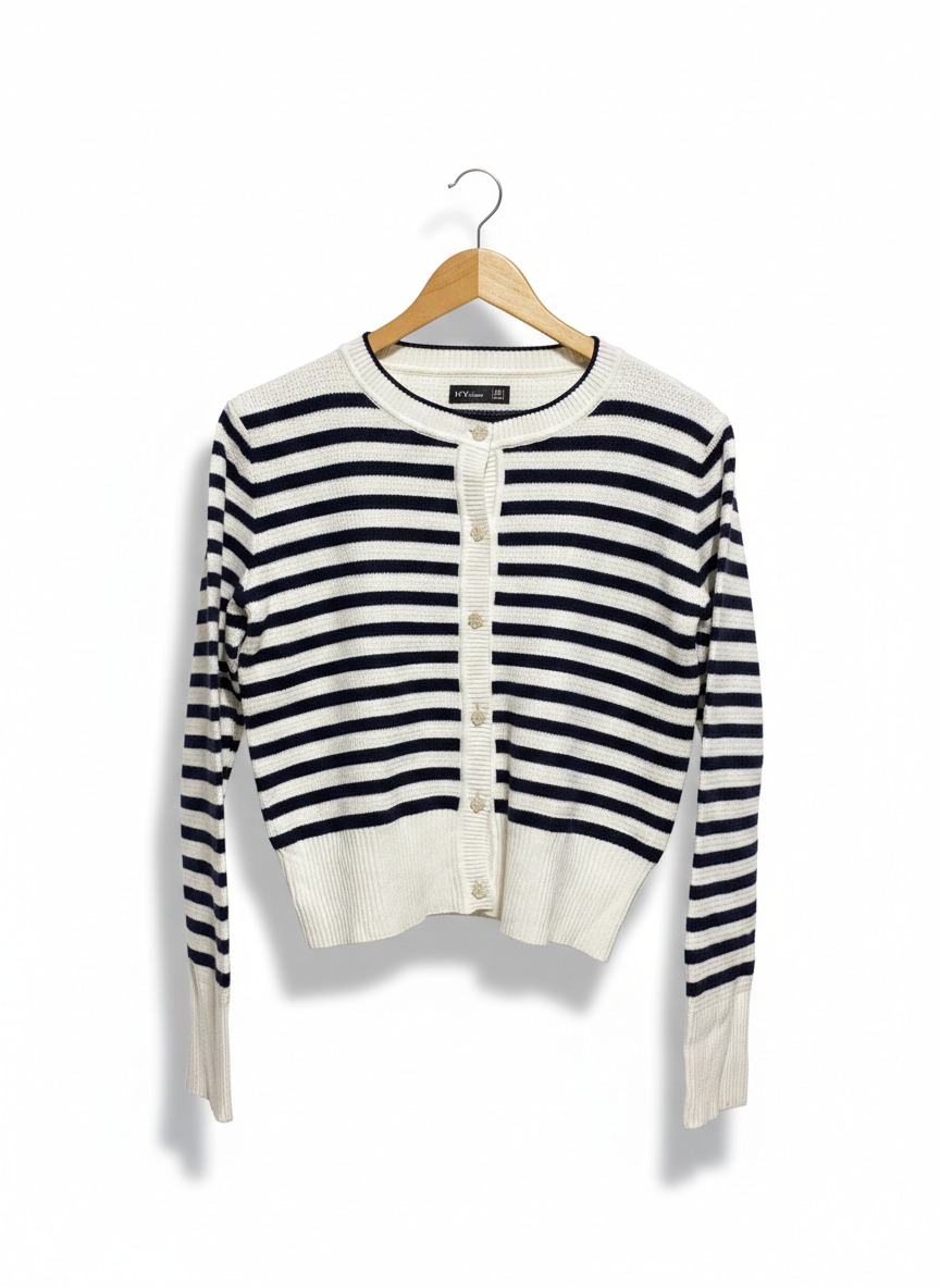 IVY |L| BUST 19| NAVY AND WHITE STRIPED BUTTON-DOWN CARDIGAN