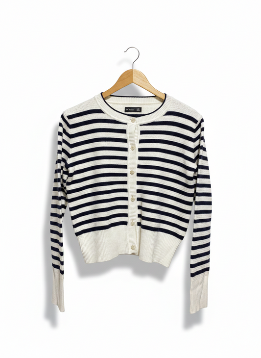 IVY |L| BUST 19| NAVY AND WHITE STRIPED BUTTON-DOWN CARDIGAN