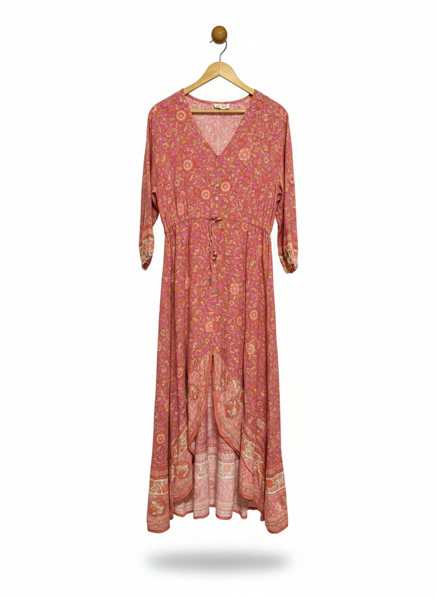 IRIS MAXI |XL| BUST 20| PINK FLORAL MAXI DRESS ROMANTIC V-NECK HIGH-LOW BUTTON-FRONT SUMMER GOWN