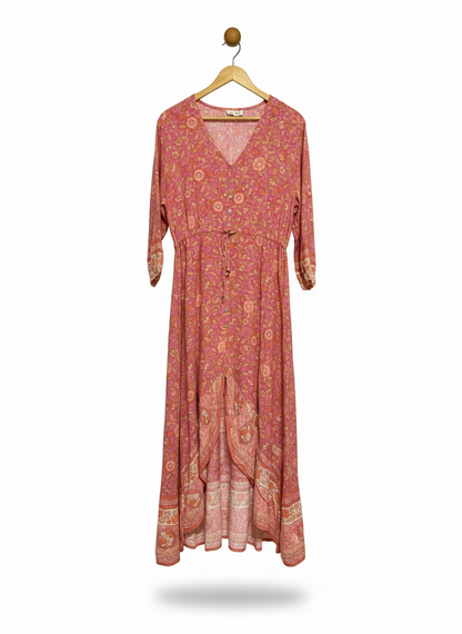 IRIS MAXI |XL| BUST 20| PINK FLORAL MAXI DRESS ROMANTIC V-NECK HIGH-LOW BUTTON-FRONT SUMMER GOWN