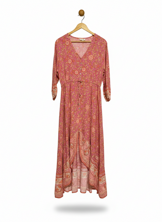 IRIS MAXI |XL| BUST 20| PINK FLORAL MAXI DRESS ROMANTIC V-NECK HIGH-LOW BUTTON-FRONT SUMMER GOWN