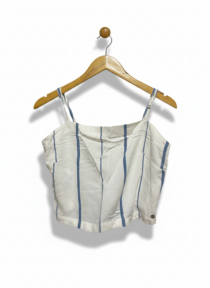 ROXY |M| BUST 16|B 10| WOMEN'S WHITE AND BLUE VERTICAL STRIPED LINEN-BLEND CAMI CROP TOP