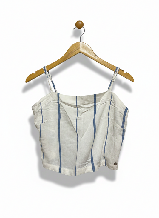ROXY |M| BUST 16|B 10| WOMEN'S WHITE AND BLUE VERTICAL STRIPED LINEN-BLEND CAMI CROP TOP