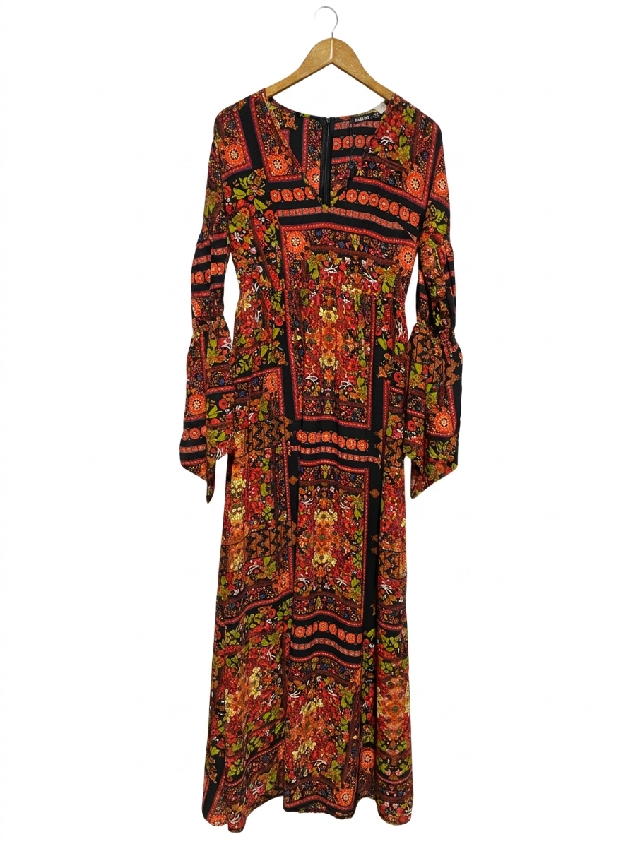 BOOHOO |XL| BUST FREE| B20| BOHEMIAN MULTICOLOR PATCHWORK PRINT LONG MAXI DRESS