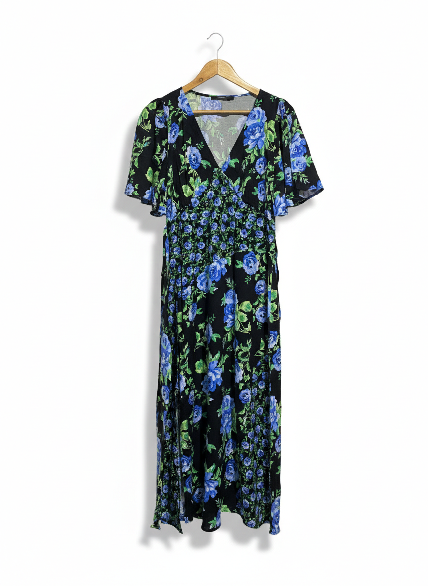GEORGE |L| BUST 18|C4|  V-NECK BLUE FLORAL MAXI DRESS WITH FLUTTER SLEEVES