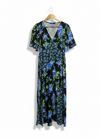 GEORGE |L| BUST 18|C4|  V-NECK BLUE FLORAL MAXI DRESS WITH FLUTTER SLEEVES