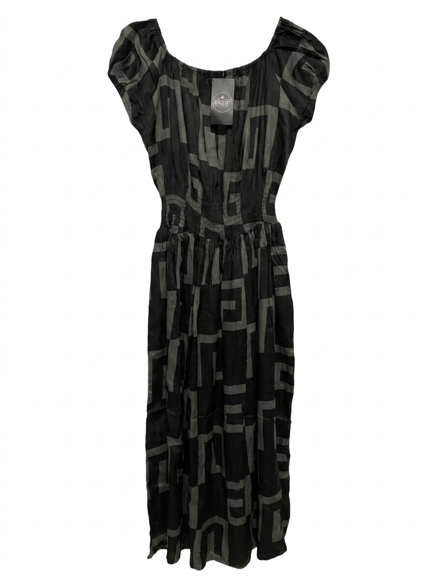 BLACK BERRY |S/M| BUST 18| B14| GEOMETRIC PRINT SMOCKED WAIST MAXI DRESS
