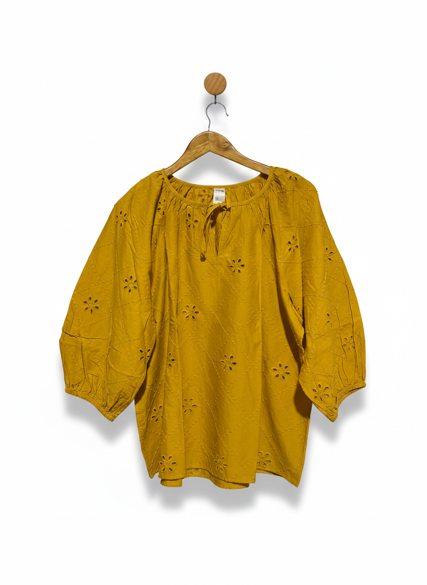 ANKO |L| BUST 23| WOMEN’S VIBRANT MUSTARD YELLOW EYELET BLOUSE - ETHEREAL BRODERIE ANGLAISE TOP