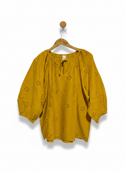 ANKO |L| BUST 23| WOMEN’S VIBRANT MUSTARD YELLOW EYELET BLOUSE - ETHEREAL BRODERIE ANGLAISE TOP