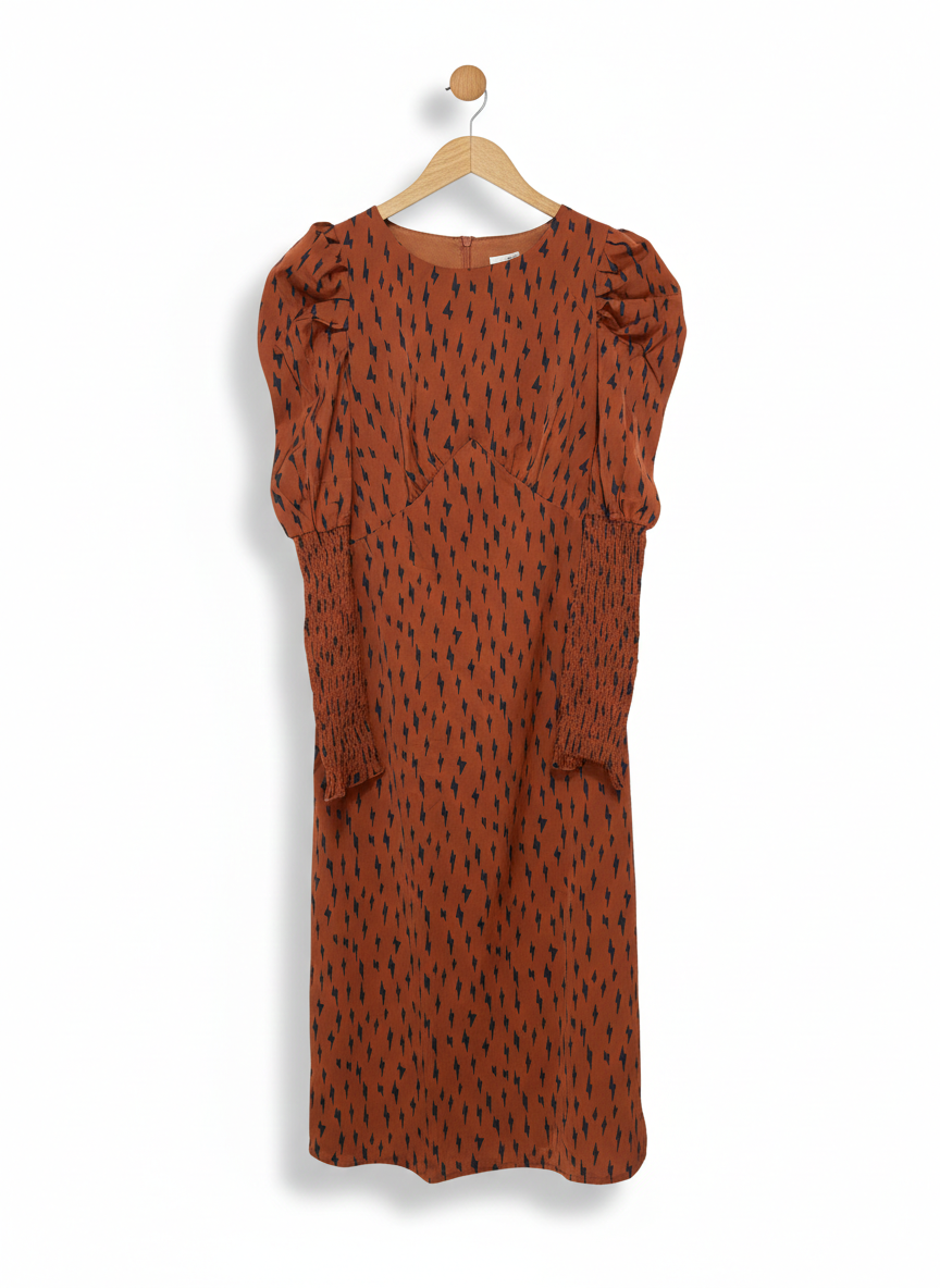 MINUETO |S| BUST 16| C6| RUSTIC BOLT-PRINT PUFF SLEEVE DRESS ALL-OVER BLACK LIGHTNING BOLT PRINT
