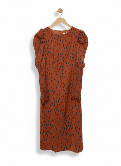 MINUETO |S| BUST 16| C6| RUSTIC BOLT-PRINT PUFF SLEEVE DRESS ALL-OVER BLACK LIGHTNING BOLT PRINT
