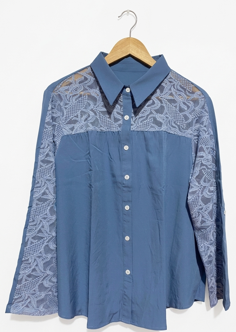ELEGANT BLUE LACE PANEL BUTTON-DOWN BLOUSE |XL| BUST 24| B8|