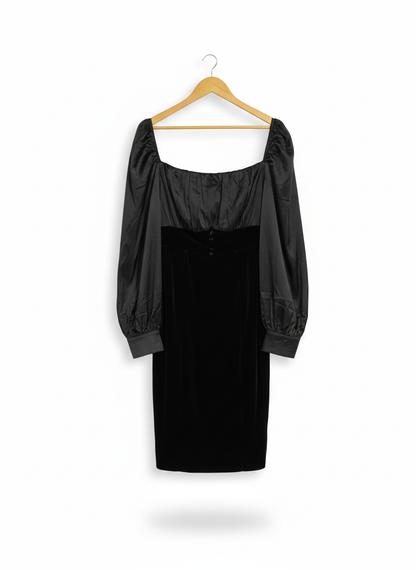 BLACK VELVET AND SATIN MINI DRESS WITH PUFF SLEEVES|L|BUST 16