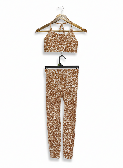 MUSCLE REPUBLIC |XS| CHIC RUST TERRACOTTA ABSTRACT PRINT ACTIVEWEAR SET - CROSS-BACK SPORTS BRA & LEGGINGS