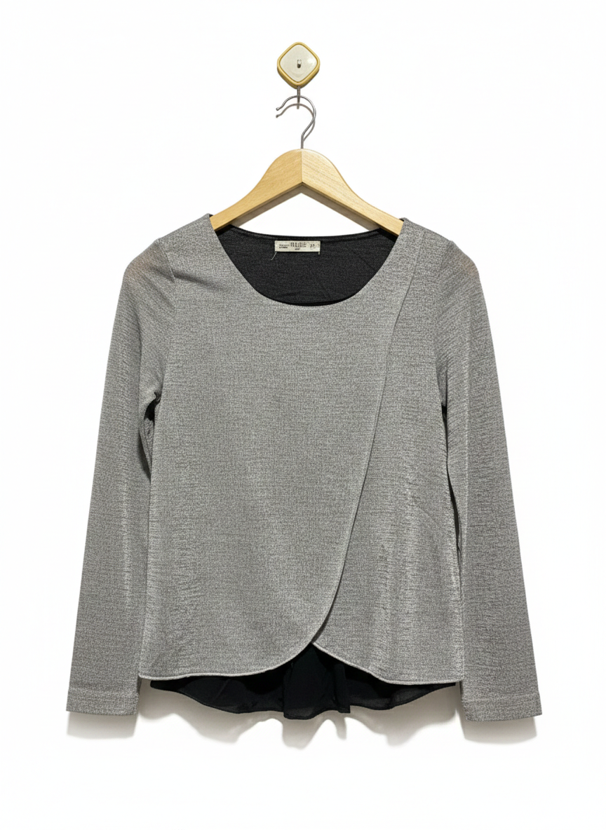 INSIDE |M| BUST 16|C2| BAR III GREY COMBO CROSSOVER-HEM MIXED-MEDIA TOP