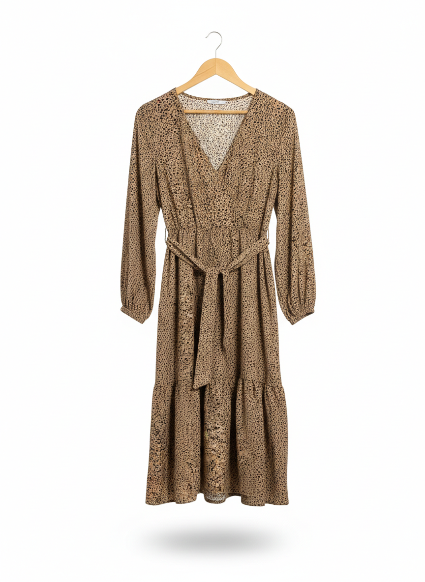 SHEIN |S| BUST 16| C6| EARTHY LEOPARD PRINT WRAP MIDI DRESS