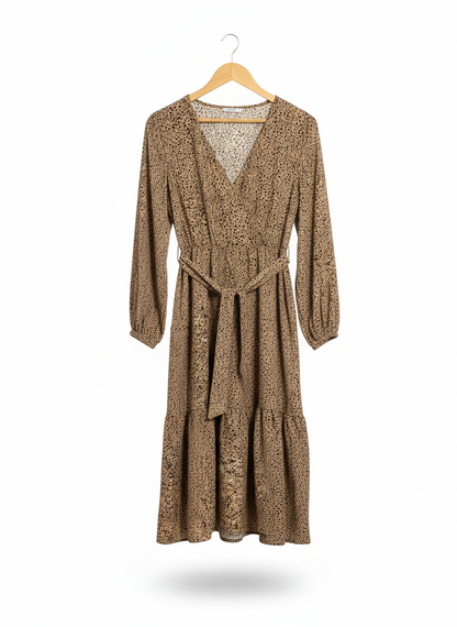 SHEIN |S| BUST 16| C6| EARTHY LEOPARD PRINT WRAP MIDI DRESS