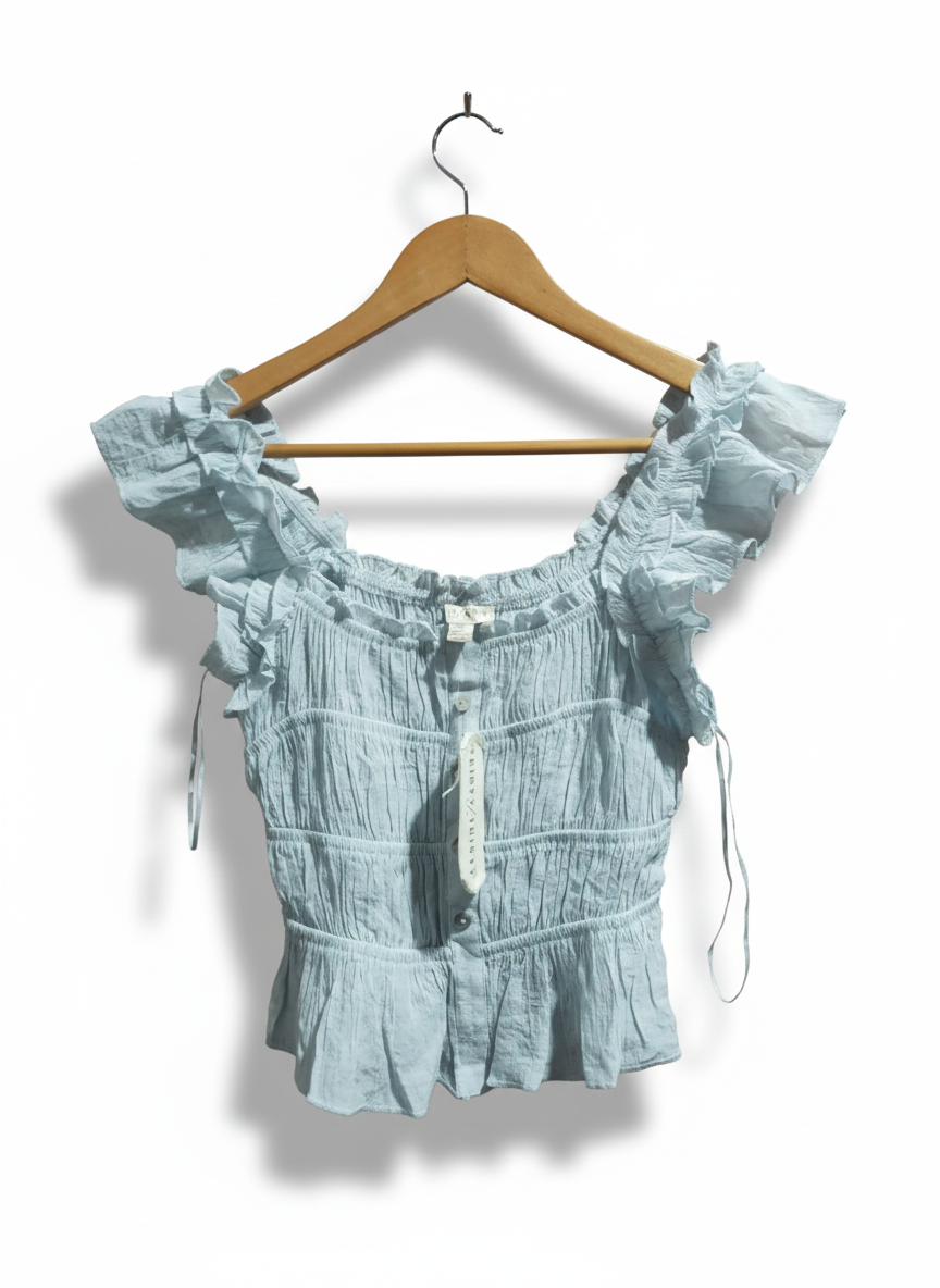 THIRTY/THIRTY| S|BUST 13|Blue Smocked Ruffle Crop Top
