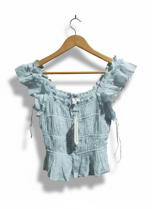 THIRTY/THIRTY| S|BUST 13|Blue Smocked Ruffle Crop Top