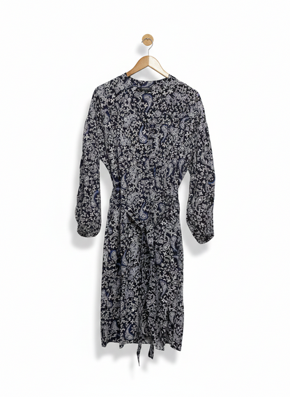 BASQUE |L| BUST 22| C6| WOMEN’S NAVY BLUE AND WHITE PAISLEY PRINT WRAP DRESS - ELEGANT LONG-SLEEVE V-NECK BLOUSE DRESS