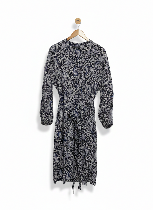 BASQUE |L| BUST 22| C6| WOMEN’S NAVY BLUE AND WHITE PAISLEY PRINT WRAP DRESS - ELEGANT LONG-SLEEVE V-NECK BLOUSE DRESS