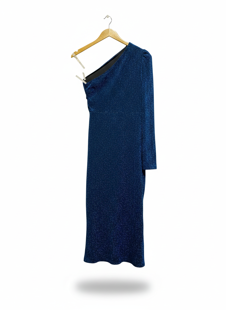 SHEIN |L| BUST 16| SHIMMERING BLUE ONE-SHOULDER MIDI DRESS