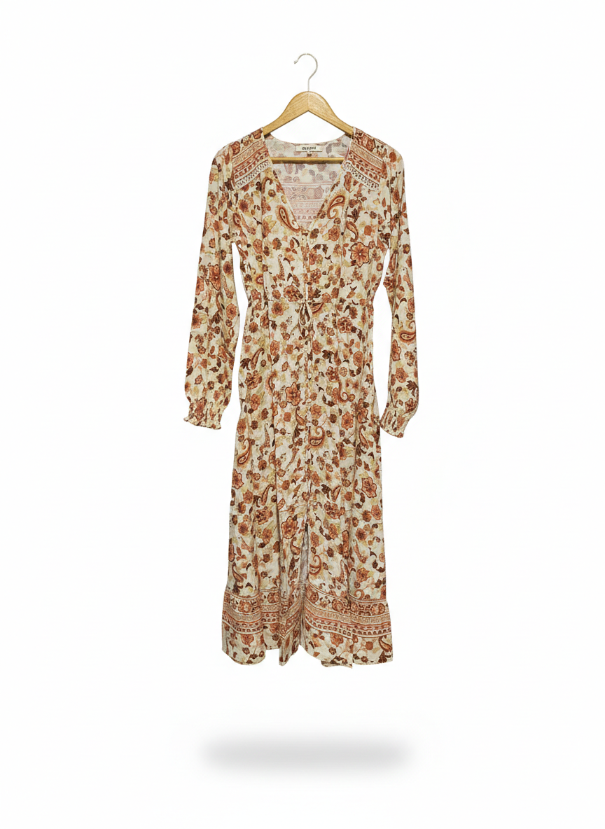 RIPCURL |XS| BUST 16|C3|VINTAGE BOHO EARTH-TONE PAISLEY MAXI DRESS