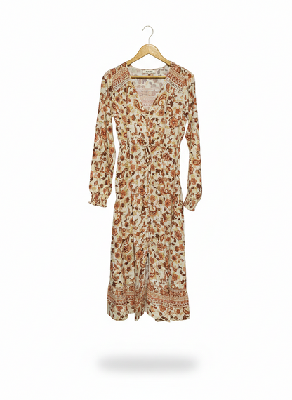RIPCURL |XS| BUST 16|C3|VINTAGE BOHO EARTH-TONE PAISLEY MAXI DRESS