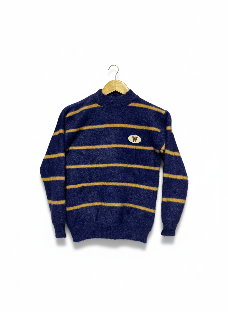 Vintage-Style Blue and Mustard Striped Jumper: Wool Blend, High Neck |S|BUST 17|