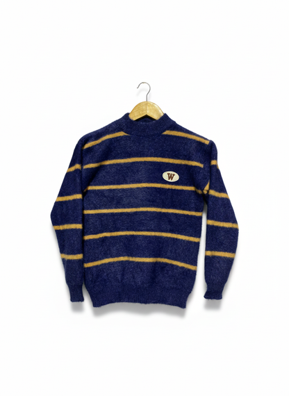 Vintage-Style Blue and Mustard Striped Jumper: Wool Blend, High Neck |S|BUST 17|