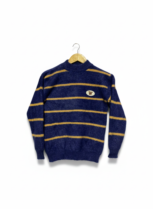 Vintage-Style Blue and Mustard Striped Jumper: Wool Blend, High Neck |S|BUST 17|