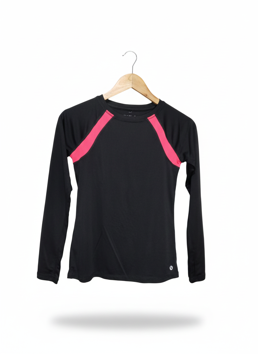 QUICK DRI |L/XL|BUST 15|BLACK AND PINK LONG SLEEVE ATHLETIC T-SHIRT