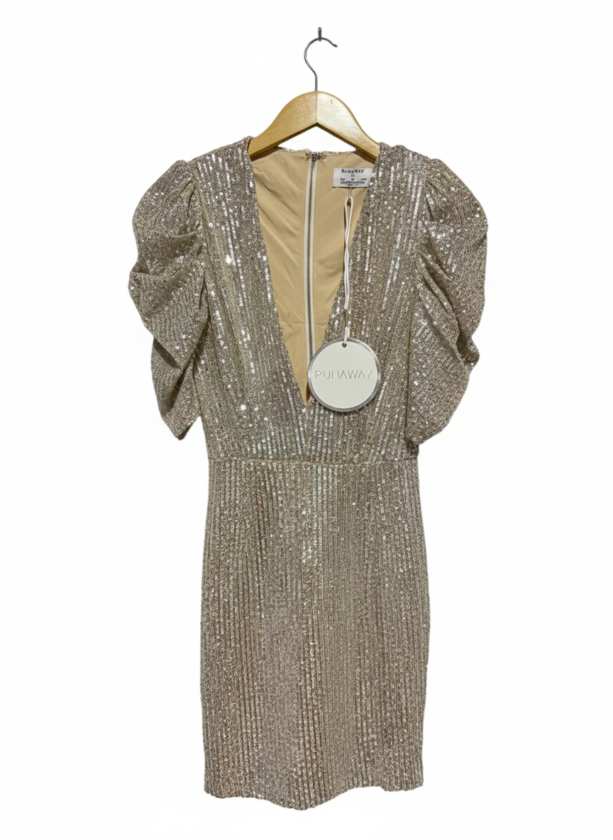 RUNAWAY |XS| BUST 15| GLAMOROUS CHAMPAGNE GOLD SEQUIN MINI DRESS WITH PLUNGING V-NECK