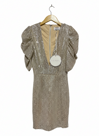 RUNAWAY |XS| BUST 15| GLAMOROUS CHAMPAGNE GOLD SEQUIN MINI DRESS WITH PLUNGING V-NECK