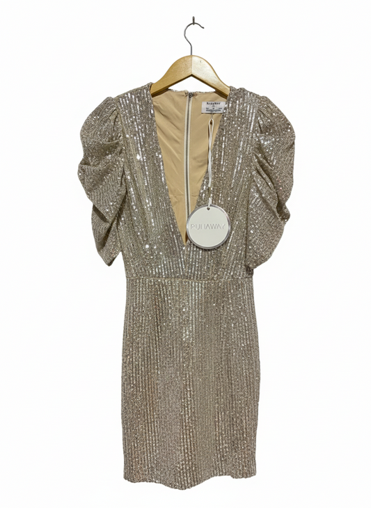 RUNAWAY |XS| BUST 15| GLAMOROUS CHAMPAGNE GOLD SEQUIN MINI DRESS WITH PLUNGING V-NECK