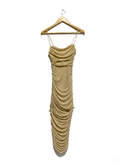 PRINCESS POLLY |XS|BUST 13|BEIGE OR CHAMPAGNE RUCHED MIDI BODYCON DRESS