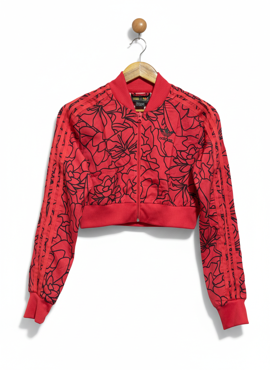 ADIDAS |XS| BUST 18| WOMEN’S RED FLORAL PRINT CROPPED TRACK JACKET WITH THREE-STRIPE DETAIL