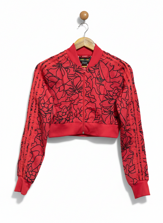 ADIDAS |XS| BUST 18| WOMEN’S RED FLORAL PRINT CROPPED TRACK JACKET WITH THREE-STRIPE DETAIL
