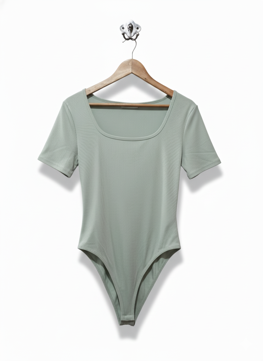 KATCH ME Green Bodysuit Short Sleeve Crew Neck Rib Jersey