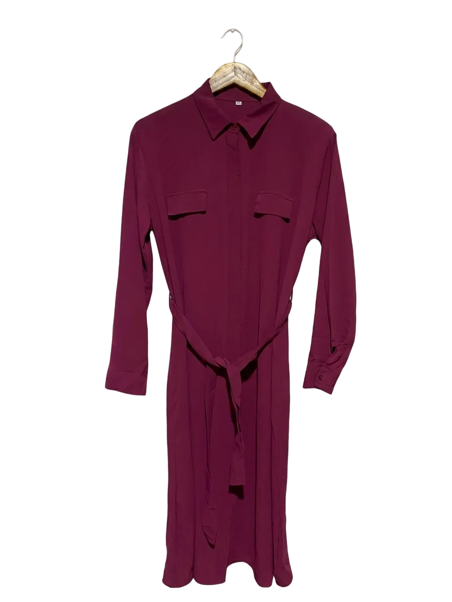 |L| BUST 20| B19| ELEGANT MINT VELVET LONG-SLEEVE SHIRT DRESS - BURGUNDY