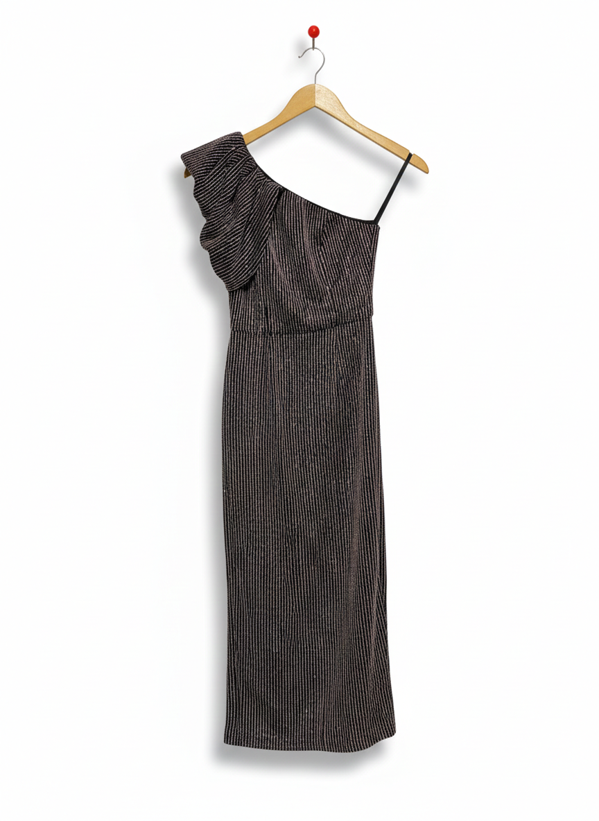JENNYFER RUFFLED ONE-SHOULDER METALLIC STRIPED MIDI DRESS |S| BUST 14|B10