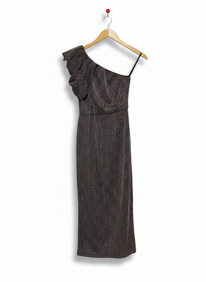 JENNYFER RUFFLED ONE-SHOULDER METALLIC STRIPED MIDI DRESS |S| BUST 14|B10