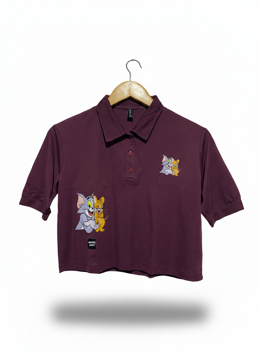 HEVEN ANGEL |L| BUST 17| B12| TOM AND JERRY GRAPHIC CROPPED POLO SHIRT