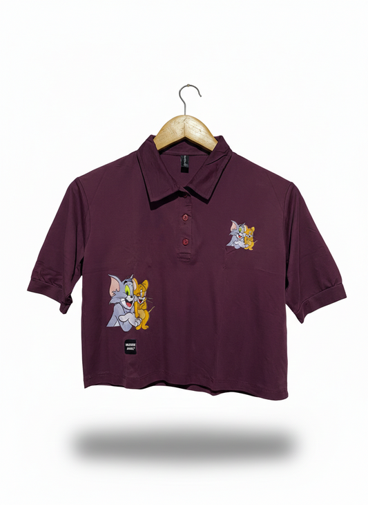 HEVEN ANGEL |L| BUST 17| B12| TOM AND JERRY GRAPHIC CROPPED POLO SHIRT
