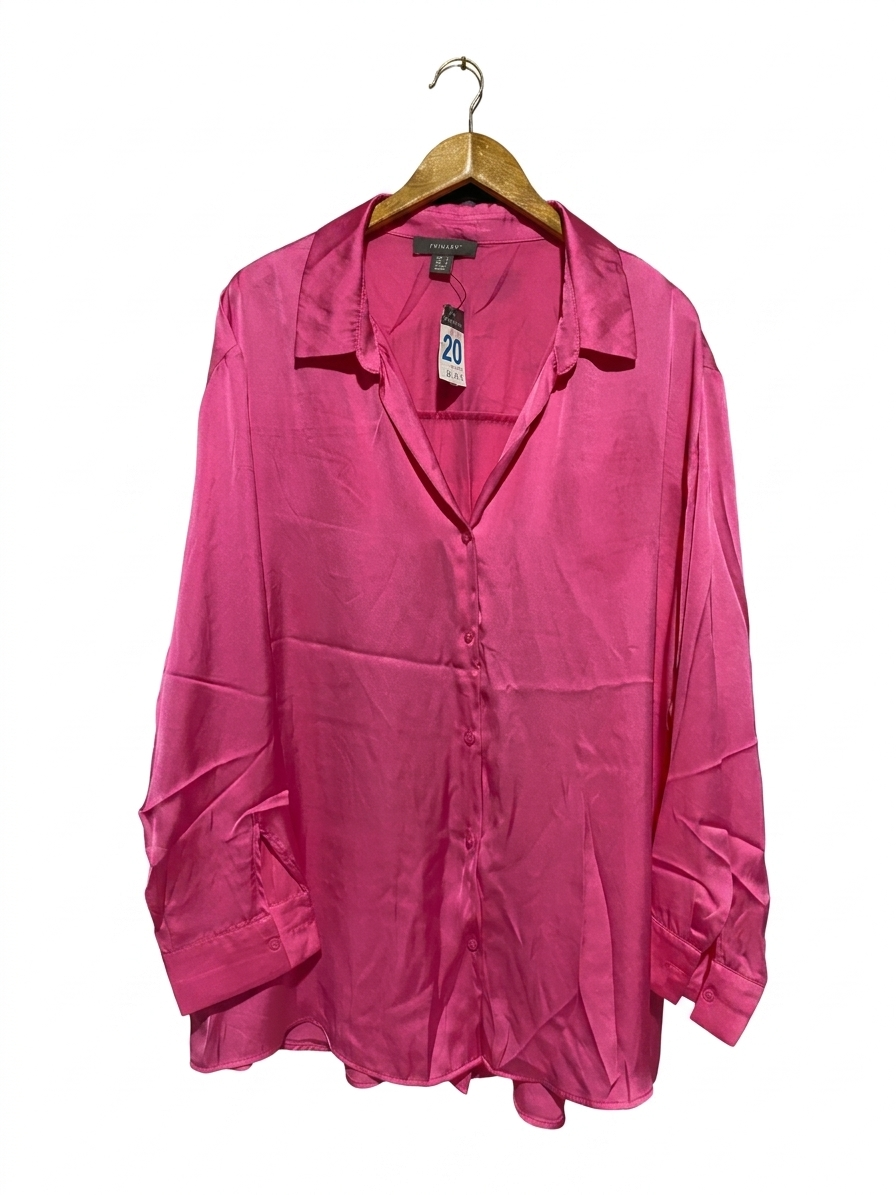 PRIMARK |S| BUST 26| B19| HOT PINK SATIN BUTTON-DOWN LONG SLEEVE BLOUSE NWT