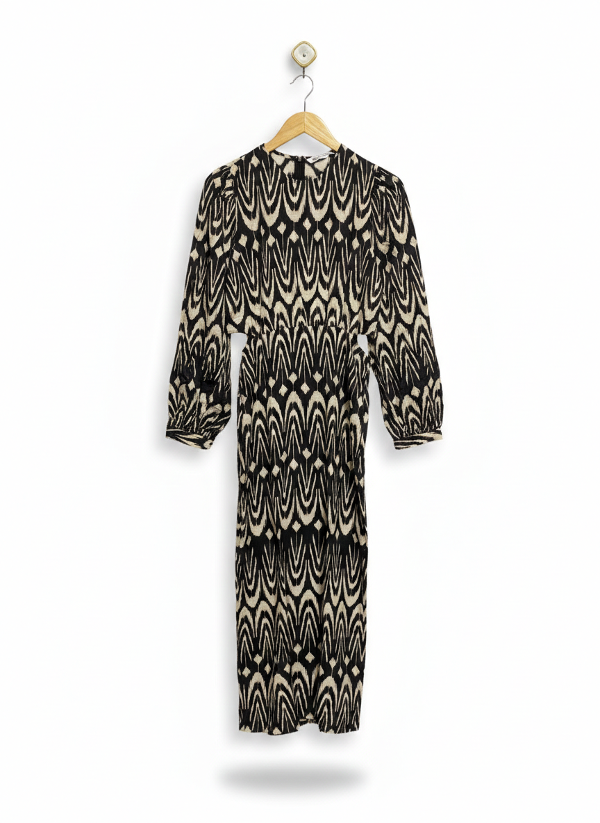 ZARA |S| BUST 18|  C6| WOMEN'S BLACK AND CREAM ABSTRACT GEOMETRIC PRINT MIDI DRESS WITH SIDE CUT-OUTS
