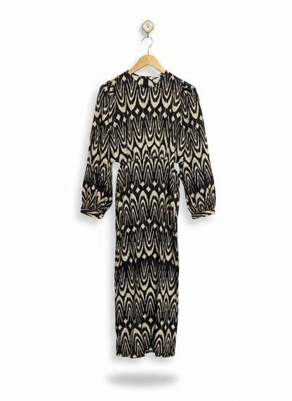 ZARA |S| BUST 18|  C6| WOMEN'S BLACK AND CREAM ABSTRACT GEOMETRIC PRINT MIDI DRESS WITH SIDE CUT-OUTS