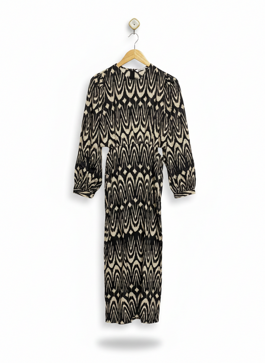 ZARA |S| BUST 18|  C6| WOMEN'S BLACK AND CREAM ABSTRACT GEOMETRIC PRINT MIDI DRESS WITH SIDE CUT-OUTS