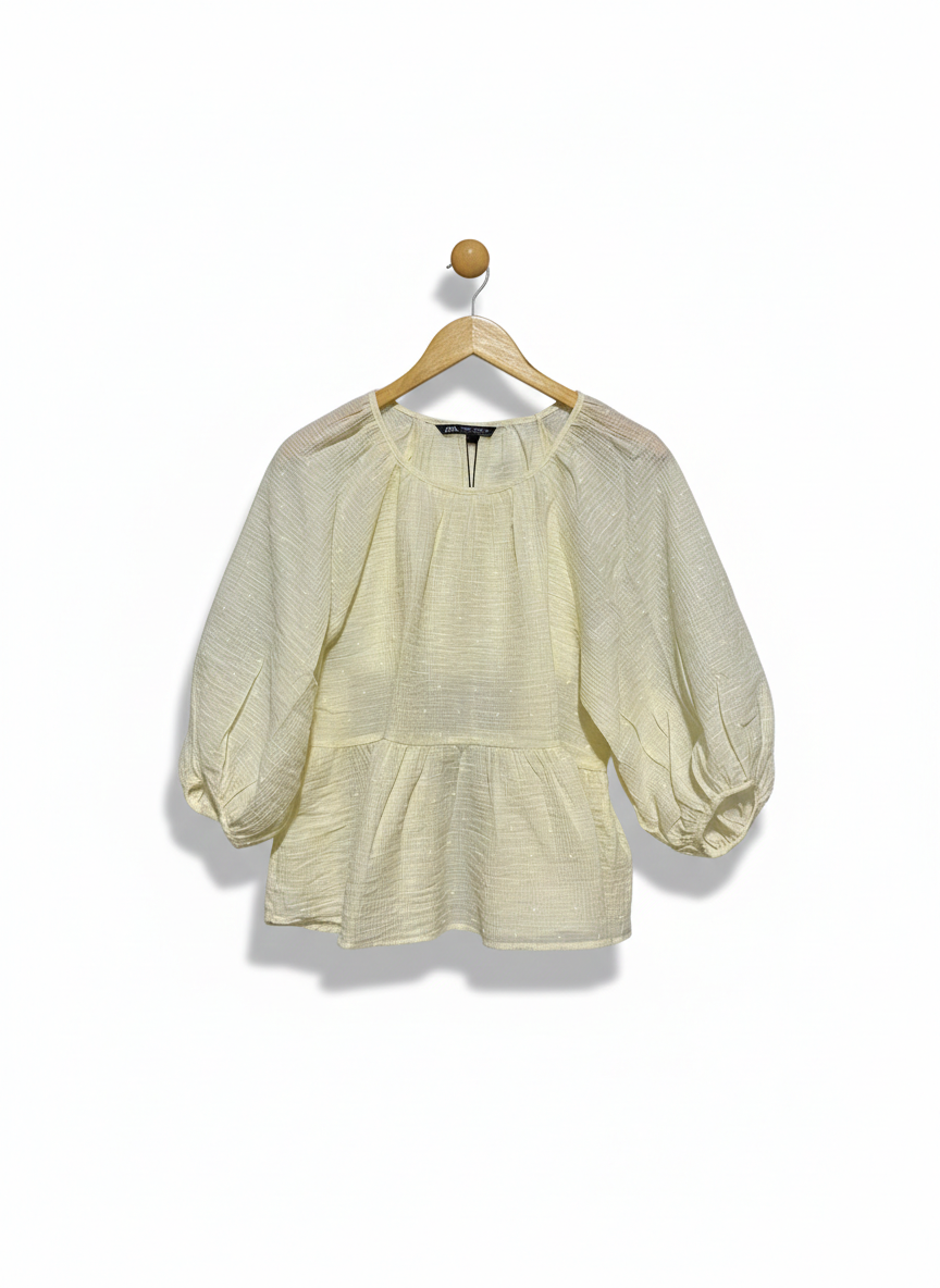 ZARA |S| BUST 21| WOMEN’S CREAM PEPLUM BLOUSE - ELEGANT PUFF THREE-QUARTER SLEEVES